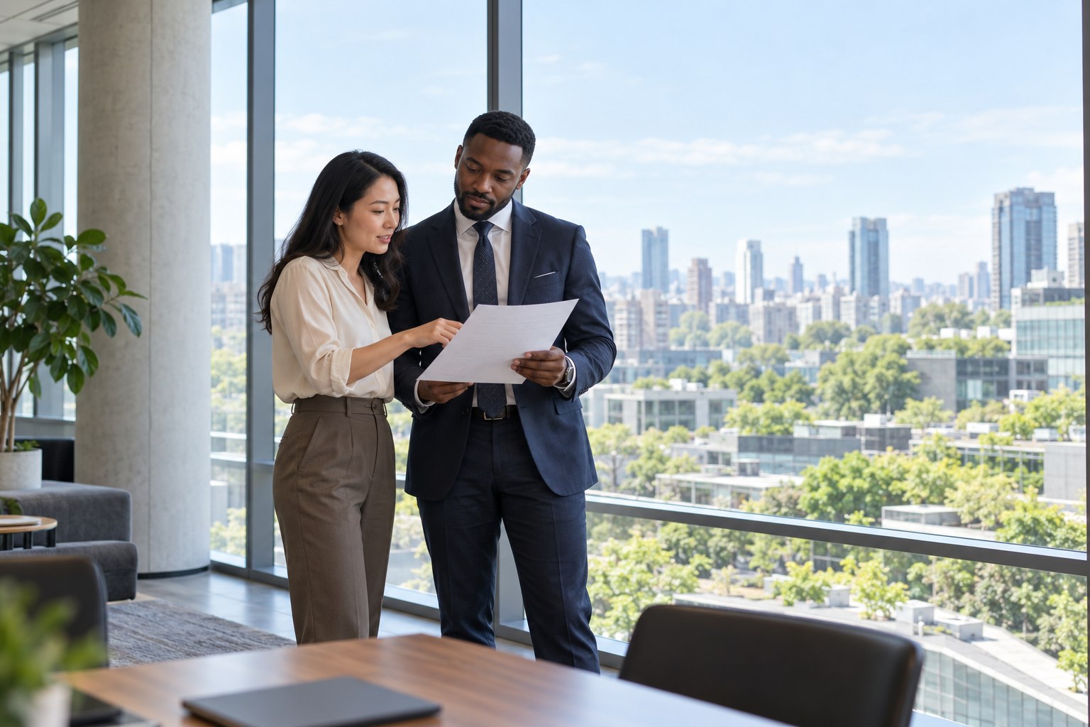 Two wealth professionals discussing a document beside a window.