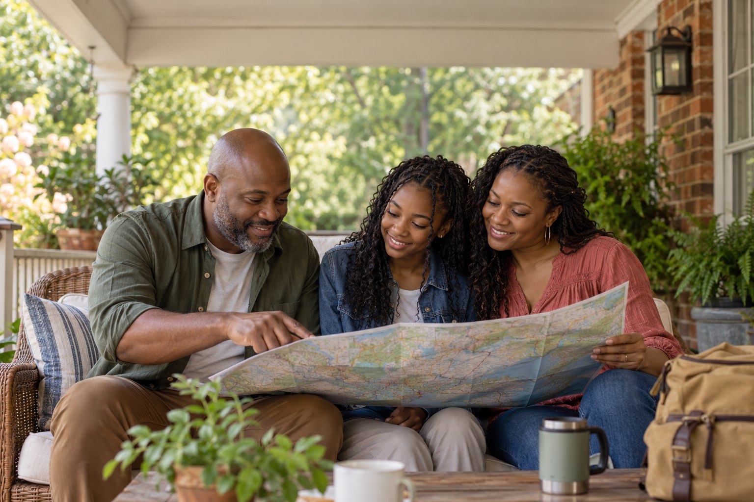 A family making travel plans together on their porch.