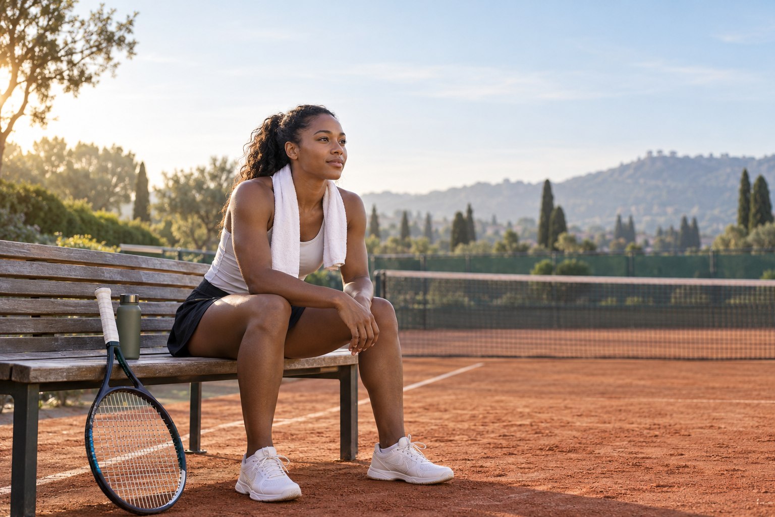 A tennis player taking a quiet moment after practice.
