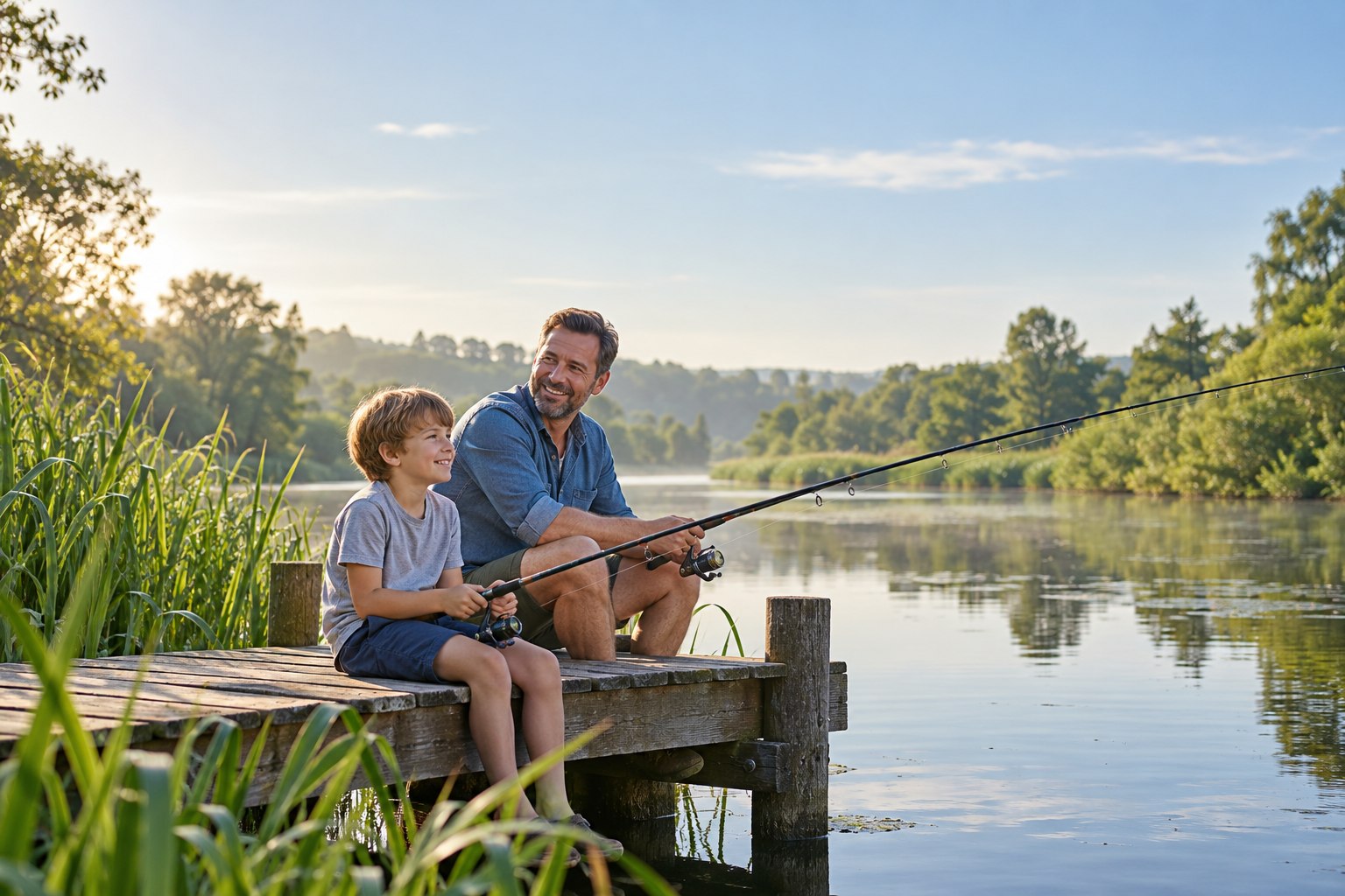 A father and son spending a quiet morning fishing.