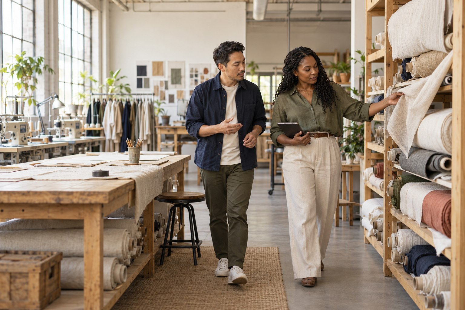 Business colleagues reviewing fabric samples in a textile studio.