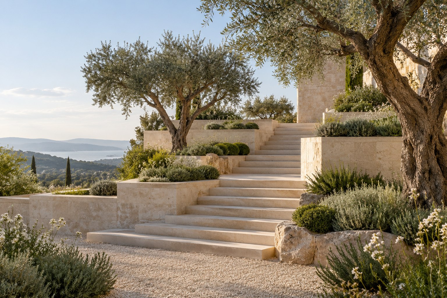 A stone staircase beside terraced planting in a quiet courtyard.