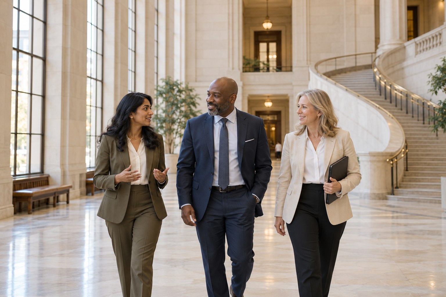 Professional colleagues in conversation in a bright atrium.