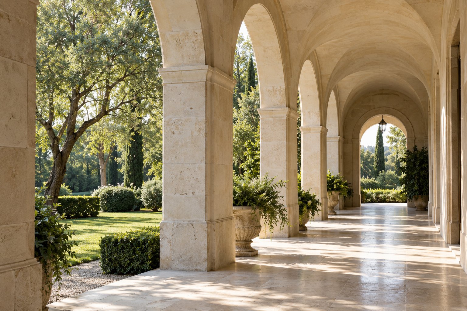 Sunlit stone arches overlooking a green garden.