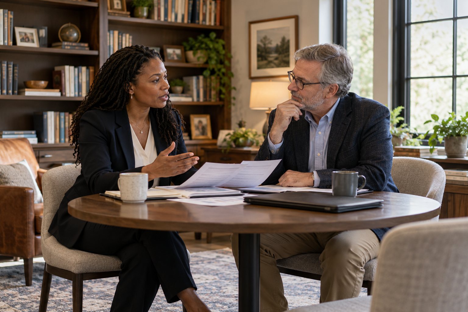 Two advisors discussing a plan in a comfortable office.