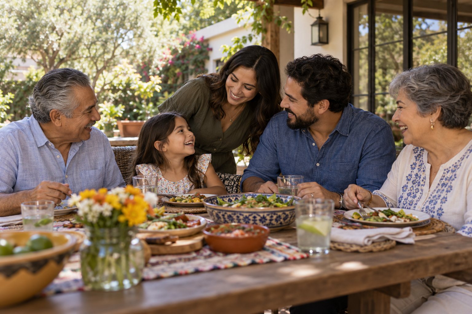 Three generations sharing lunch on a shaded patio.