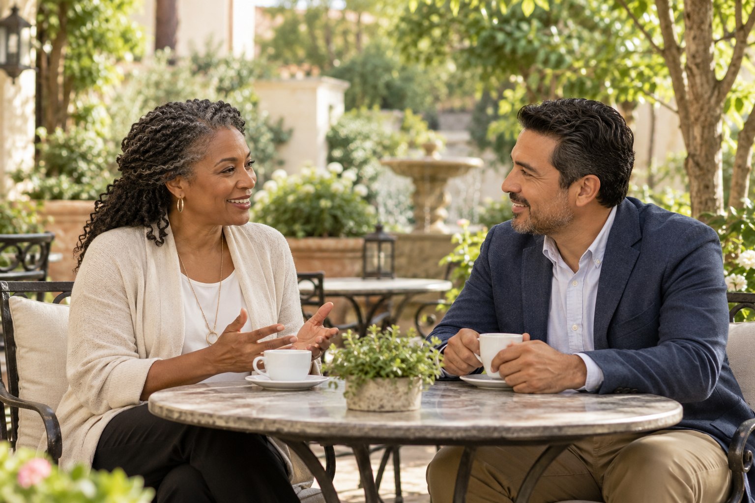 Two people having a conversation over coffee in a garden cafe.
