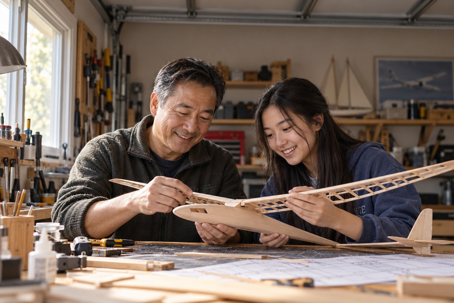 A father and daughter building a model together at home.