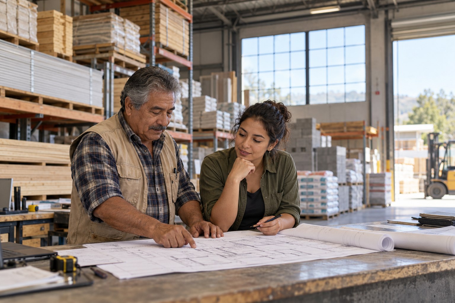 Two generations reviewing plans in a family business.