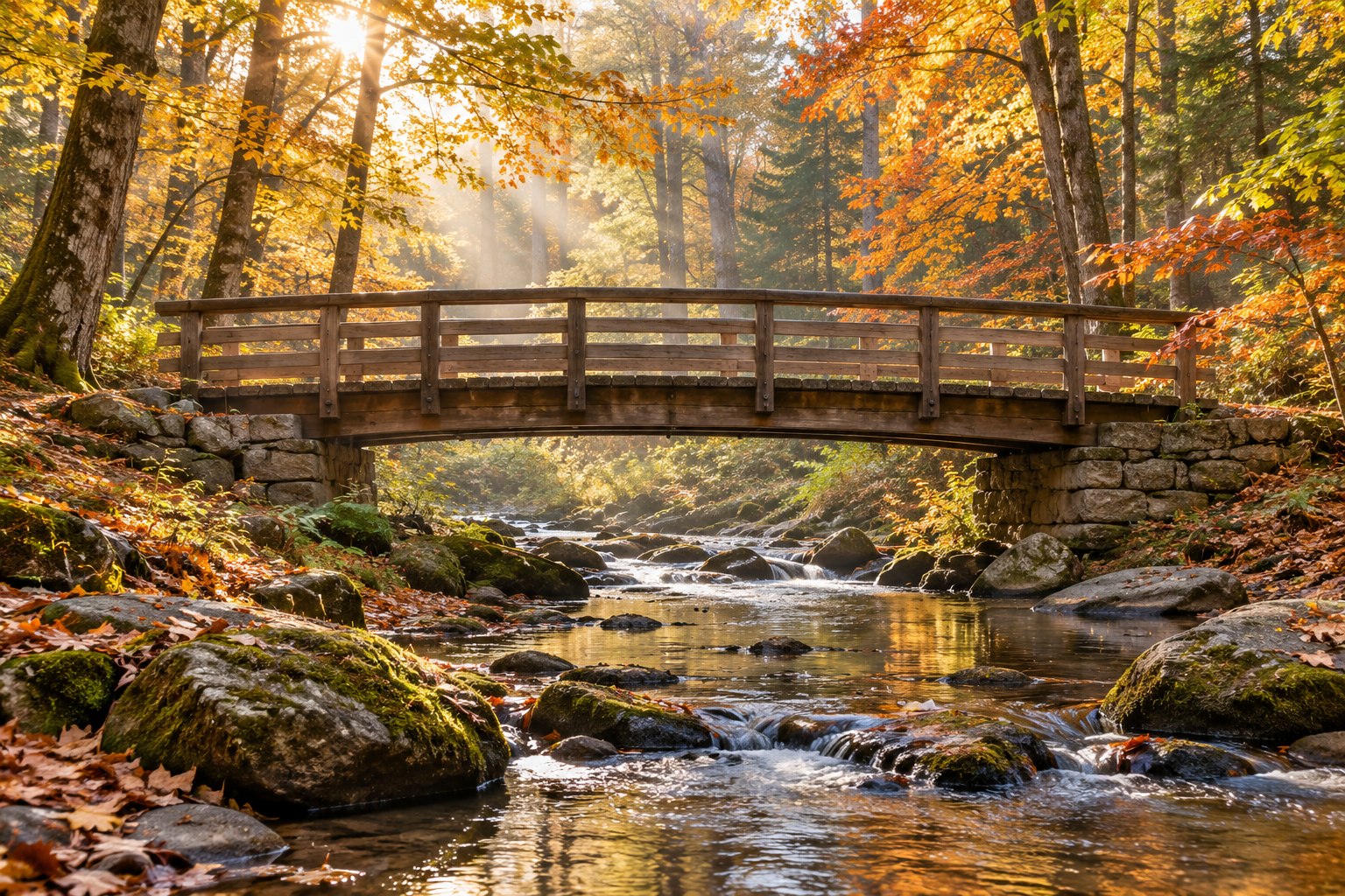 A timber footbridge crossing a creek in autumn woodland.