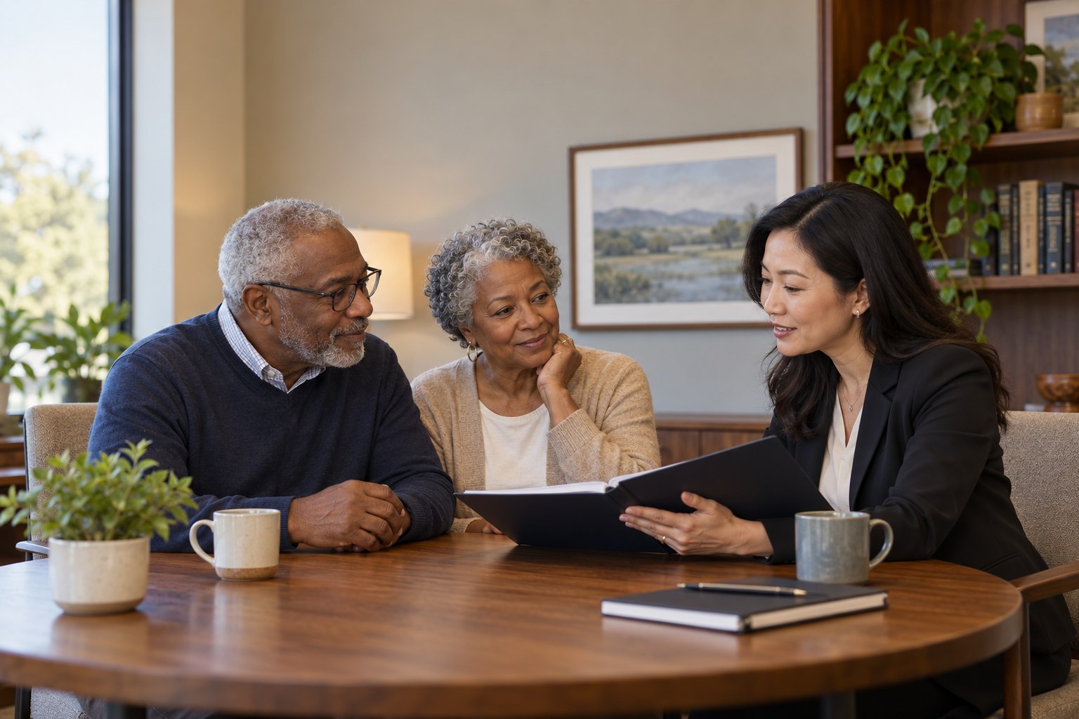 A couple discussing documents with an attorney.