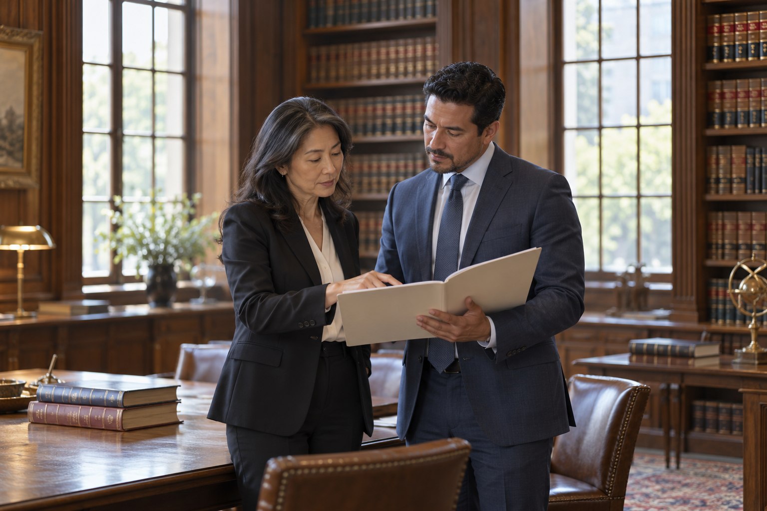 Two advisors reviewing a folder in a law library.