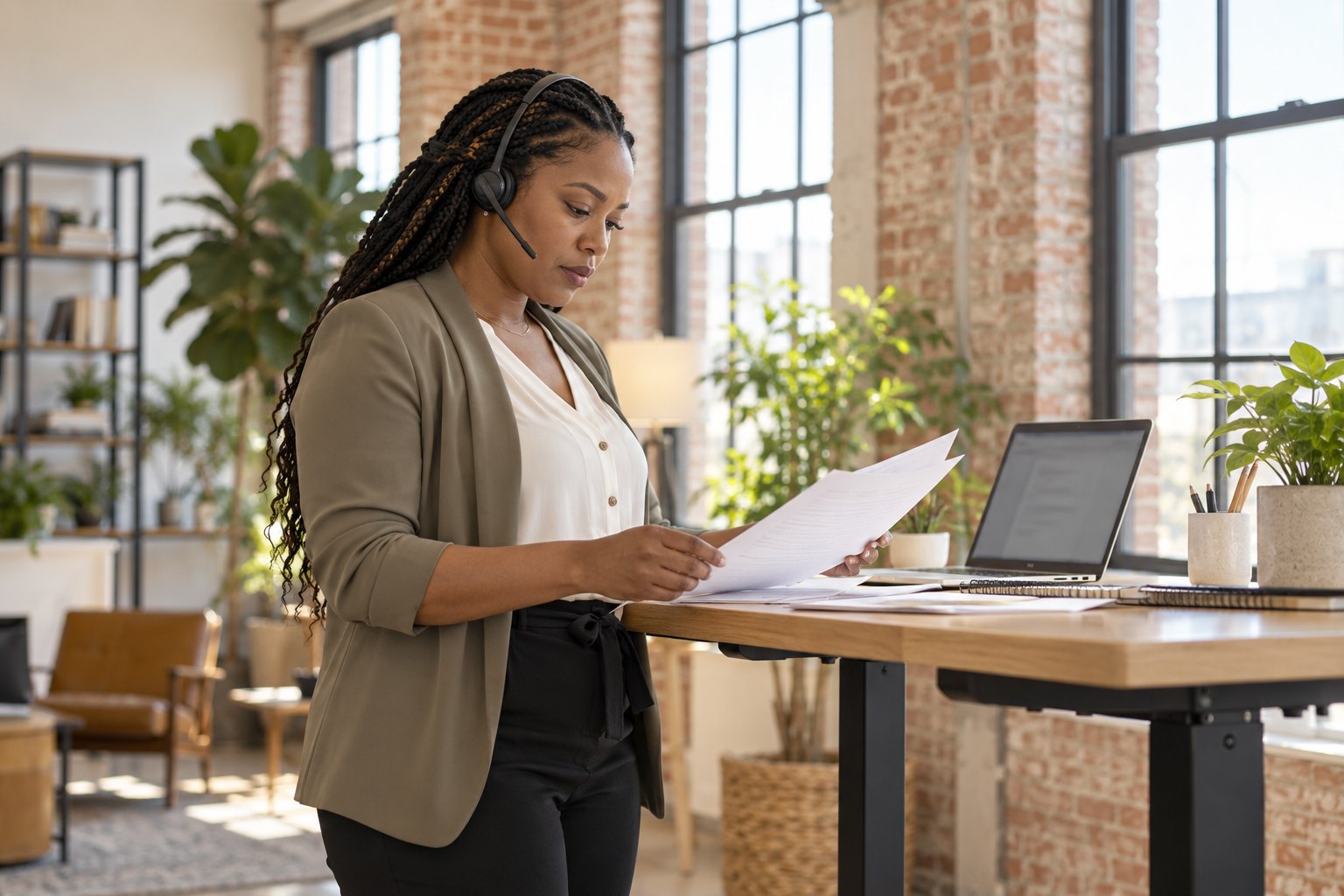 An insurance specialist reviewing documents at a standing desk.