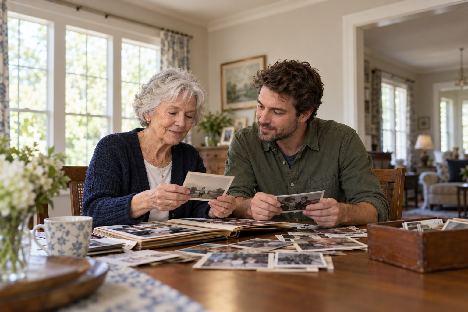 A mother and son looking through family photographs.