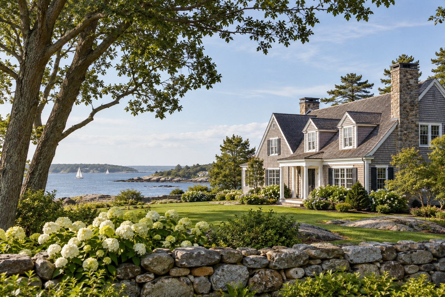 A coastal home framed by mature trees and a stone wall.