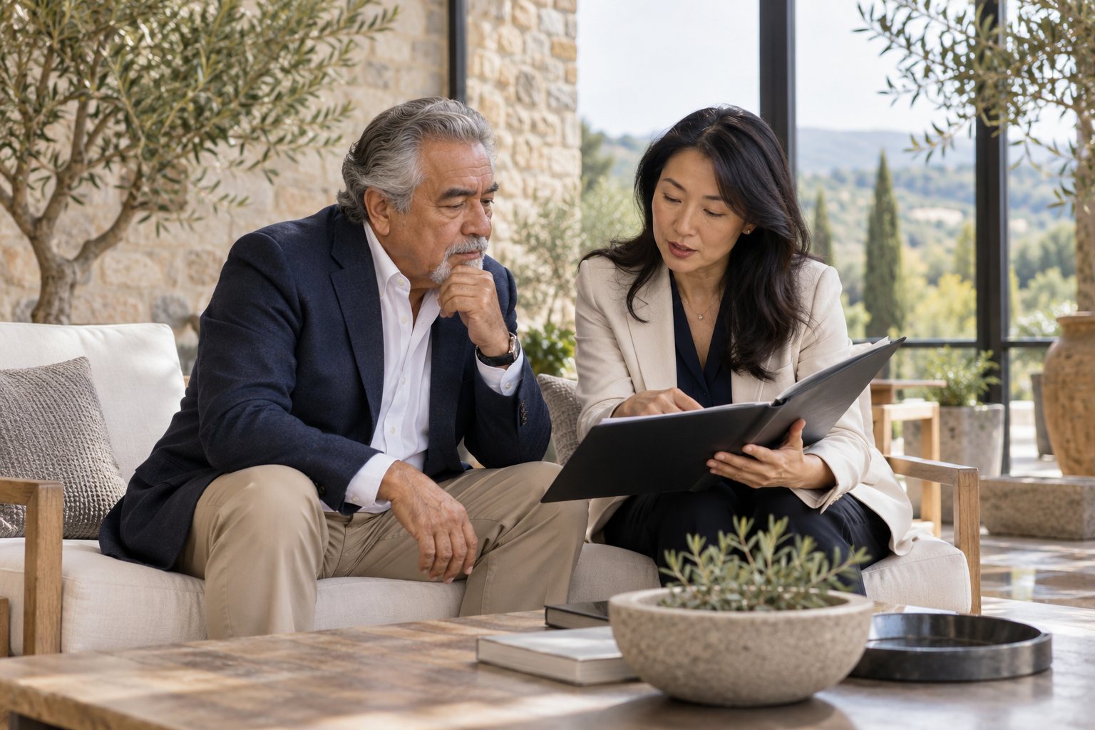 An entrepreneur and advisor discussing a financial plan in a conservatory.