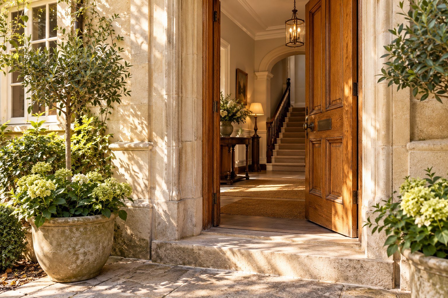An open oak doorway framed by stone and leafy planters.