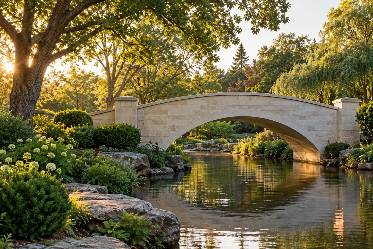 A limestone footbridge crossing a garden stream.