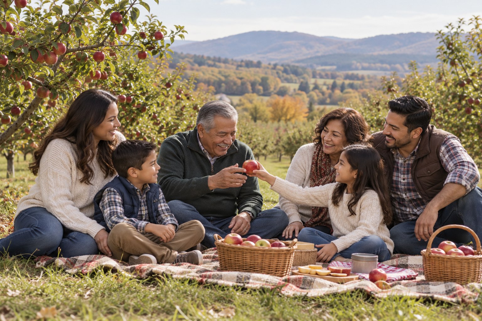A Hispanic family sharing a picnic in an apple orchard.