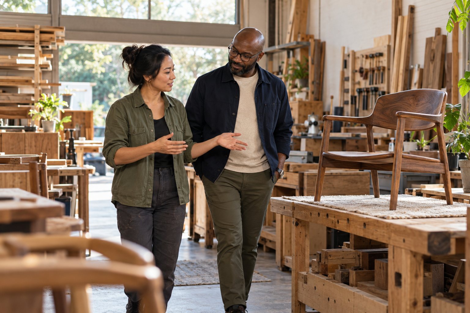 Business partners discussing their work in a furniture workshop.