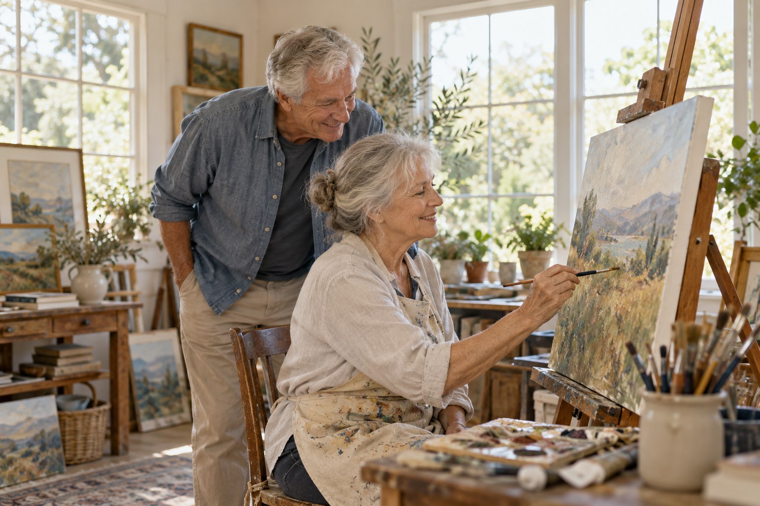 A retired couple enjoying time together in a home art studio.