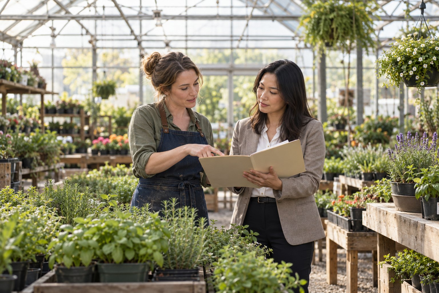 A business owner and accountant talking in a greenhouse nursery.