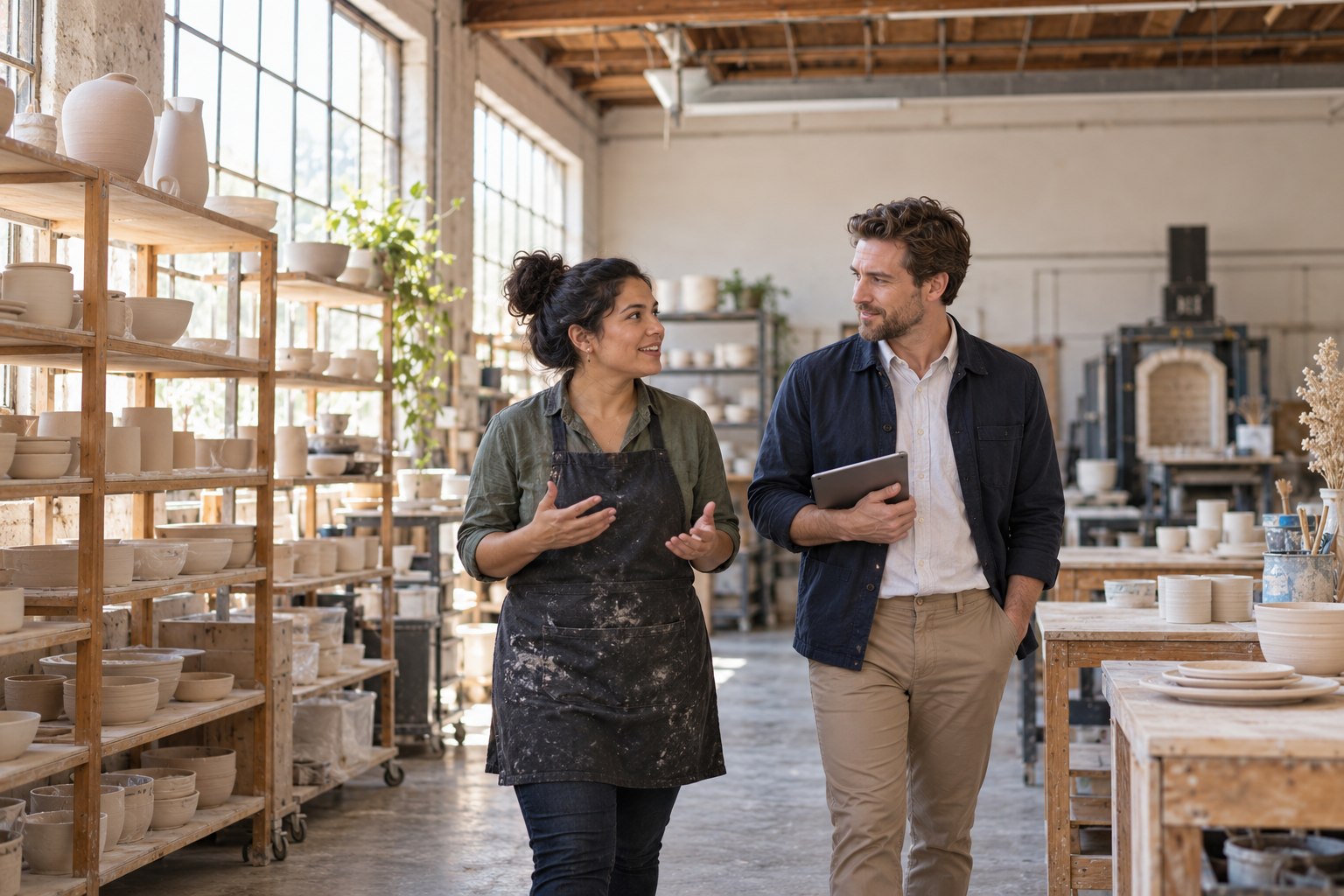 A business owner and colleague in a ceramics studio.