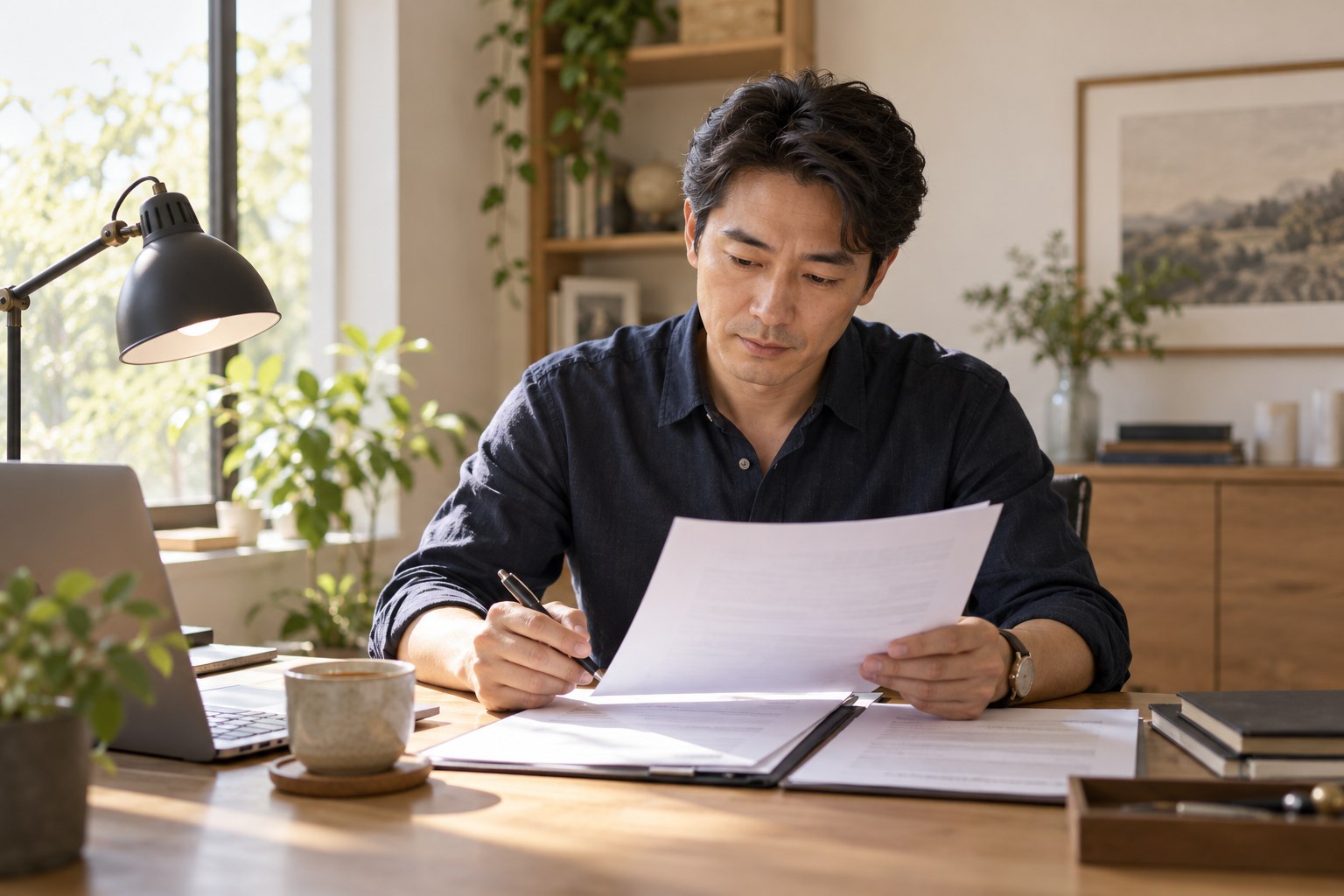 A professional carefully reviewing documents in a sunlit study.