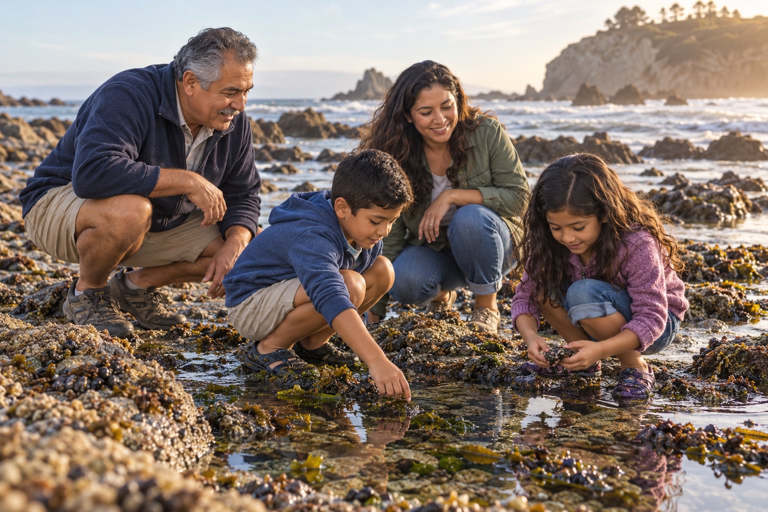 A grandfather and his family exploring tide pools together.