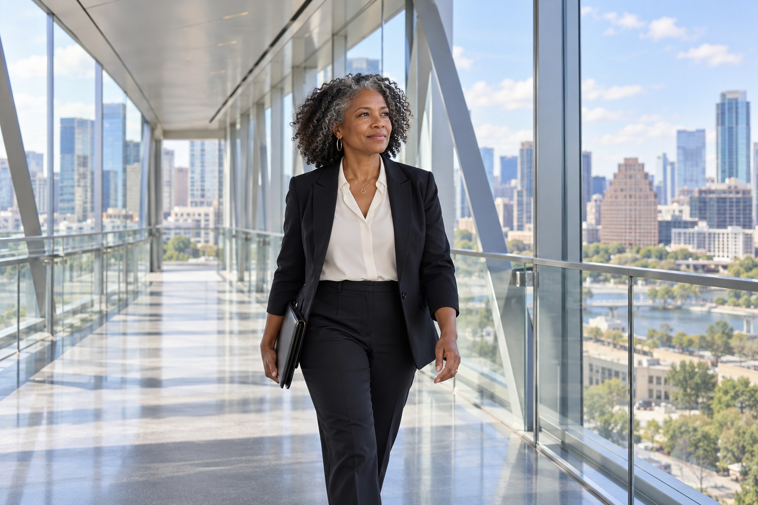 An executive walking through a glass office skybridge.