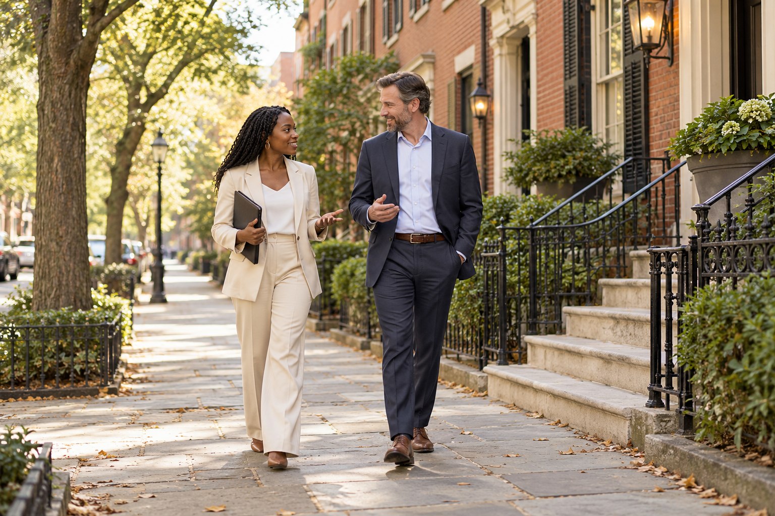 Two professionals talking as they walk along a tree-lined street.