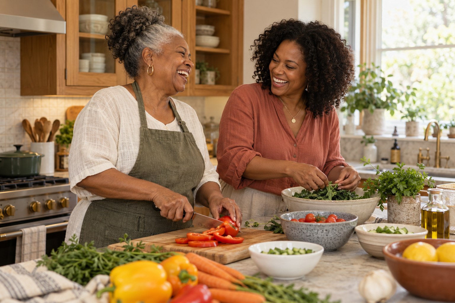 A mother and her adult daughter preparing a meal together in a warm kitchen.