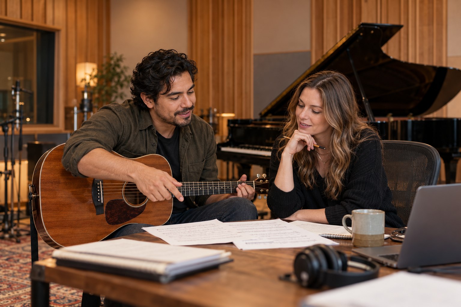A musician and producer talking in a recording studio.