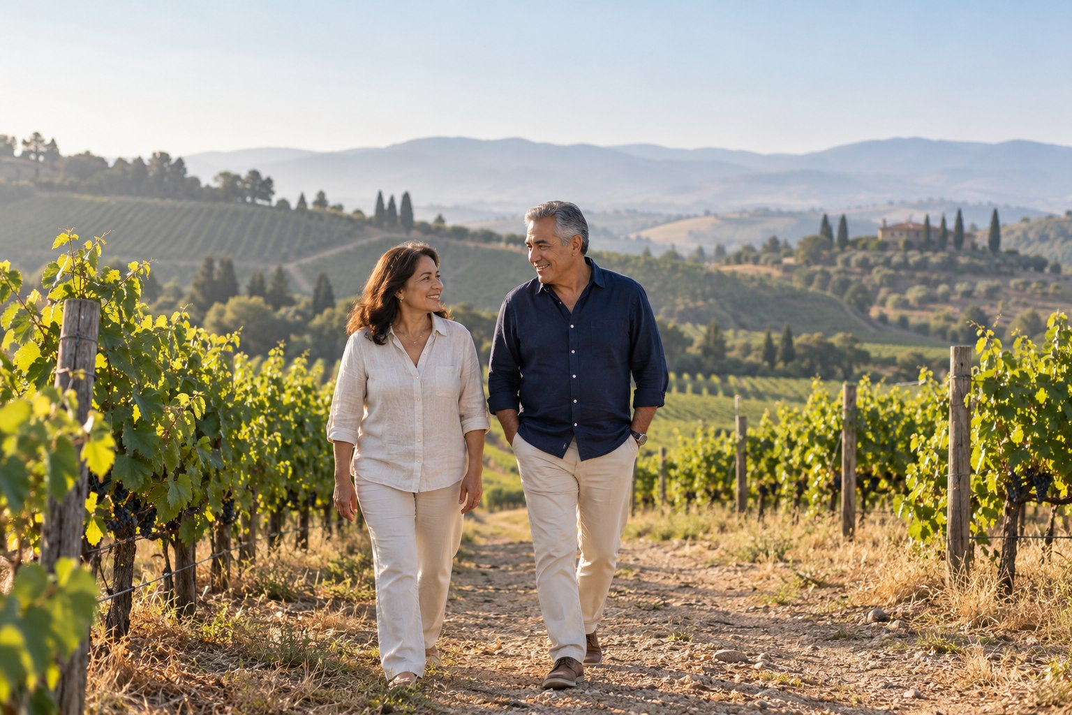 A retired couple enjoying a walk through a sunlit vineyard.