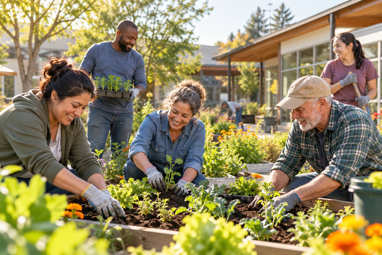 Volunteers planting a neighborhood community garden.