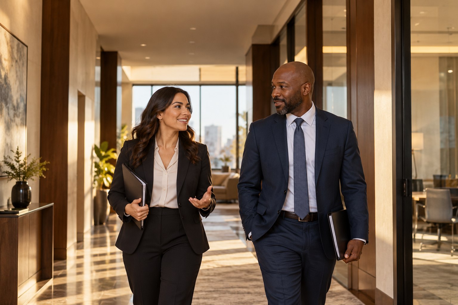 Two attorneys walking through their office.