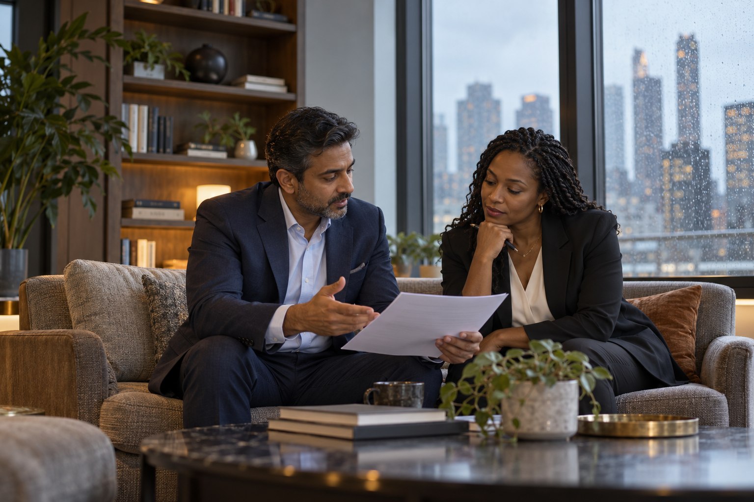 Investment professionals discussing a report in an office lounge.